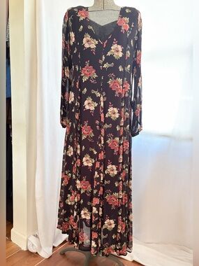 VTG 90s Nostalgia black floral crinkle rayon maxi dress